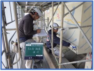 足場を使った外壁調査の様子